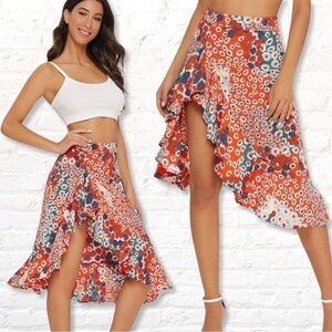 Verdusa Women's Floral Ruffle Trim High Split Printed Skirt Size Small Red